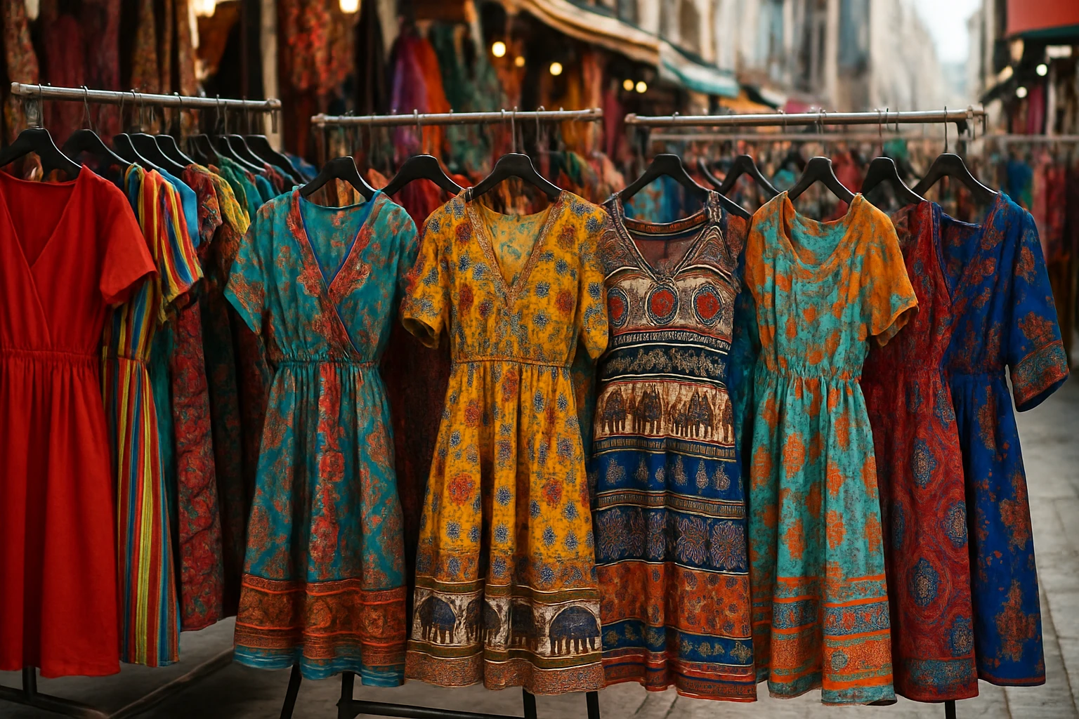 A vibrant street market showcasing an array of colorful, unique dresses hung on display racks, with diverse textiles and patterns reflecting the cultural influences of emerging international designers.