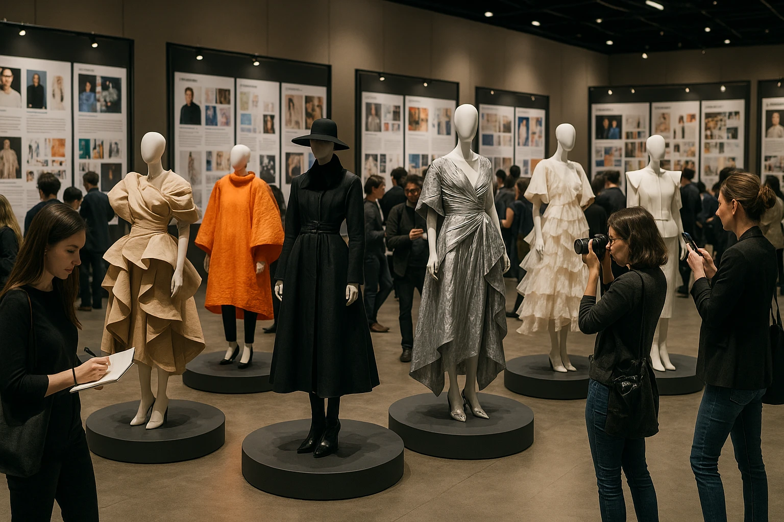 A bustling fashion exhibition hall filled with mannequins dressed in innovative and avant-garde designs, surrounded by informative display boards featuring designer profiles and inspiration boards, with attendees taking notes and photographs.