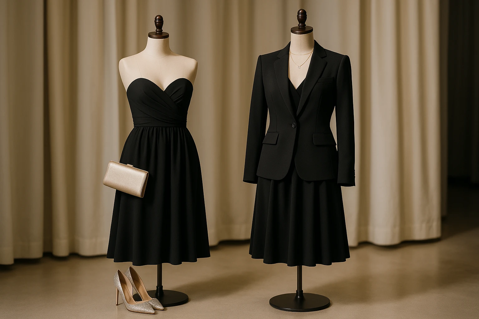 A stylish pair of elegant, convertible dresses displayed on mannequins in a boutique setting; one is accessorized for a cocktail party with a clutch and sparkly heels, while the other features a chic blazer and minimalist jewelry for a business dinner.