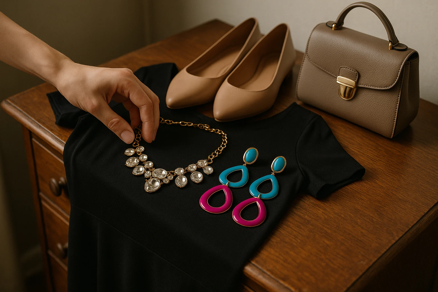 A hand arranging a statement necklace and a pair of bold, colorful earrings on a simple black dress laid out on a vintage wooden dresser, alongside a pair of sleek ballet flats and a small, elegant handbag in a softly lit room.