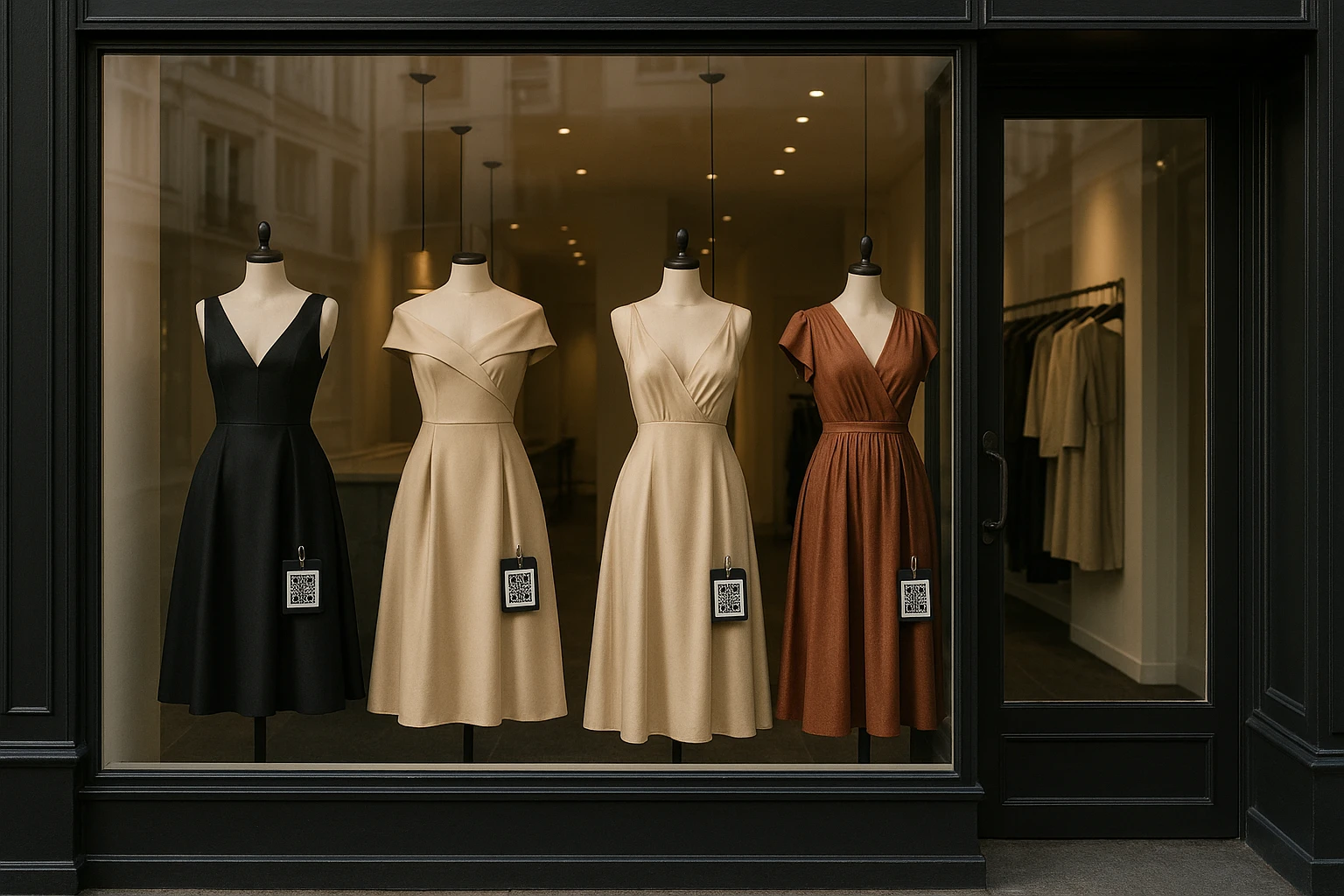 A stylish boutique storefront with a window display showcasing an array of elegant designer dresses on mannequins, each tagged with QR codes for digital browsing and purchase.