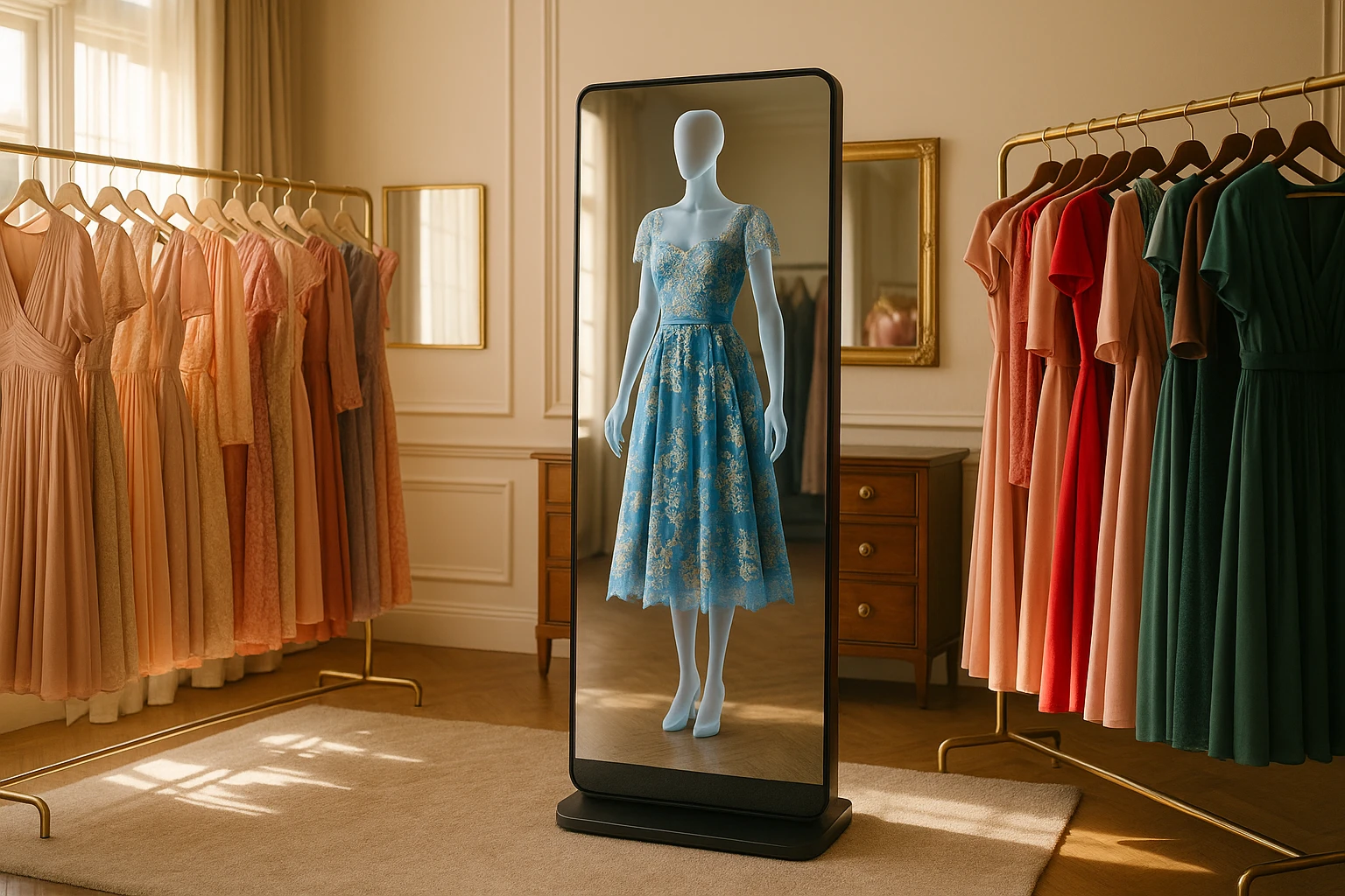 A luxurious sunlit dressing room featuring a full-length smart mirror displaying the augmented reality projection of a designer dress on a translucent mannequin, surrounded by elegant racks of colorful dresses.