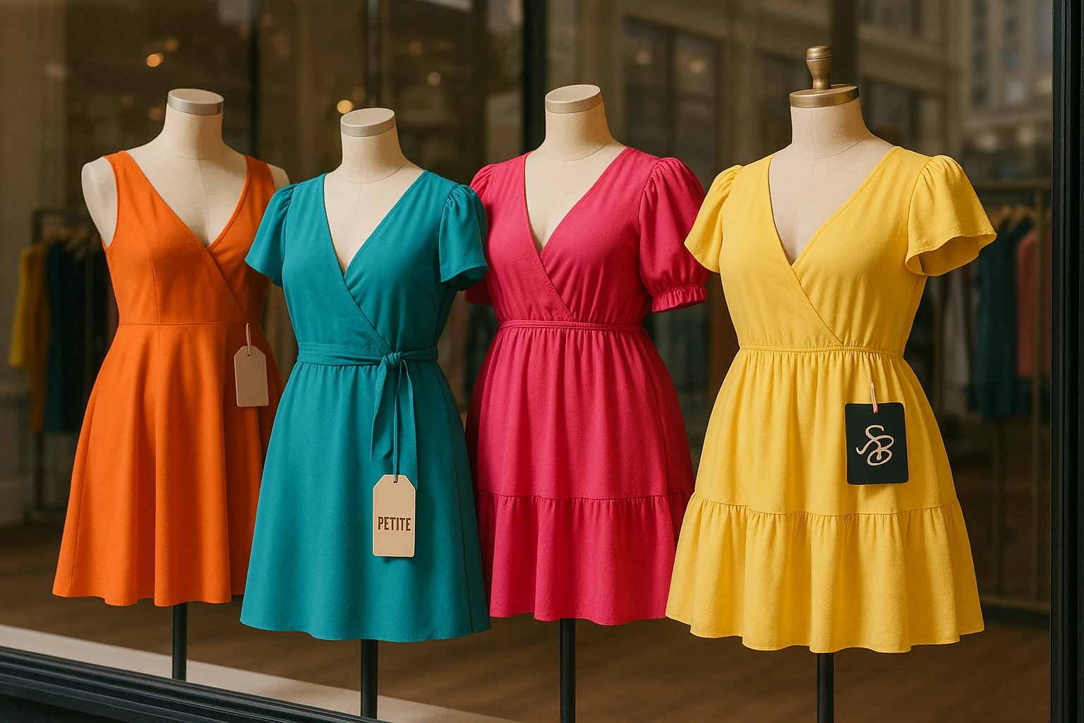 A vibrant display of colorful dresses on mannequins, arranged in a stylish boutique window, with tags highlighting terms like 