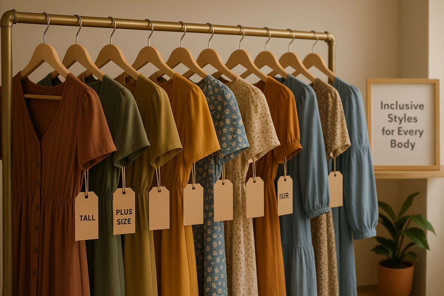 A rack full of diverse dresses in a cozy, modern boutique, with each garment tagged for different body types like 
