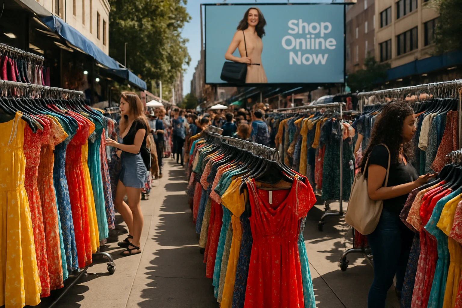 Rows of vivid clothing racks fill a bustling sidewalk market, with shoppers browsing through colorful dresses and accessories, while a large billboard above showcases a fashion website logo with the text “Shop Online Now.”