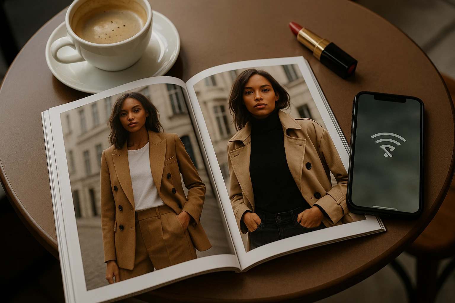 A fashion magazine spread lies open on a café table, surrounded by a cup of coffee, lipstick, and a smartphone displaying a 