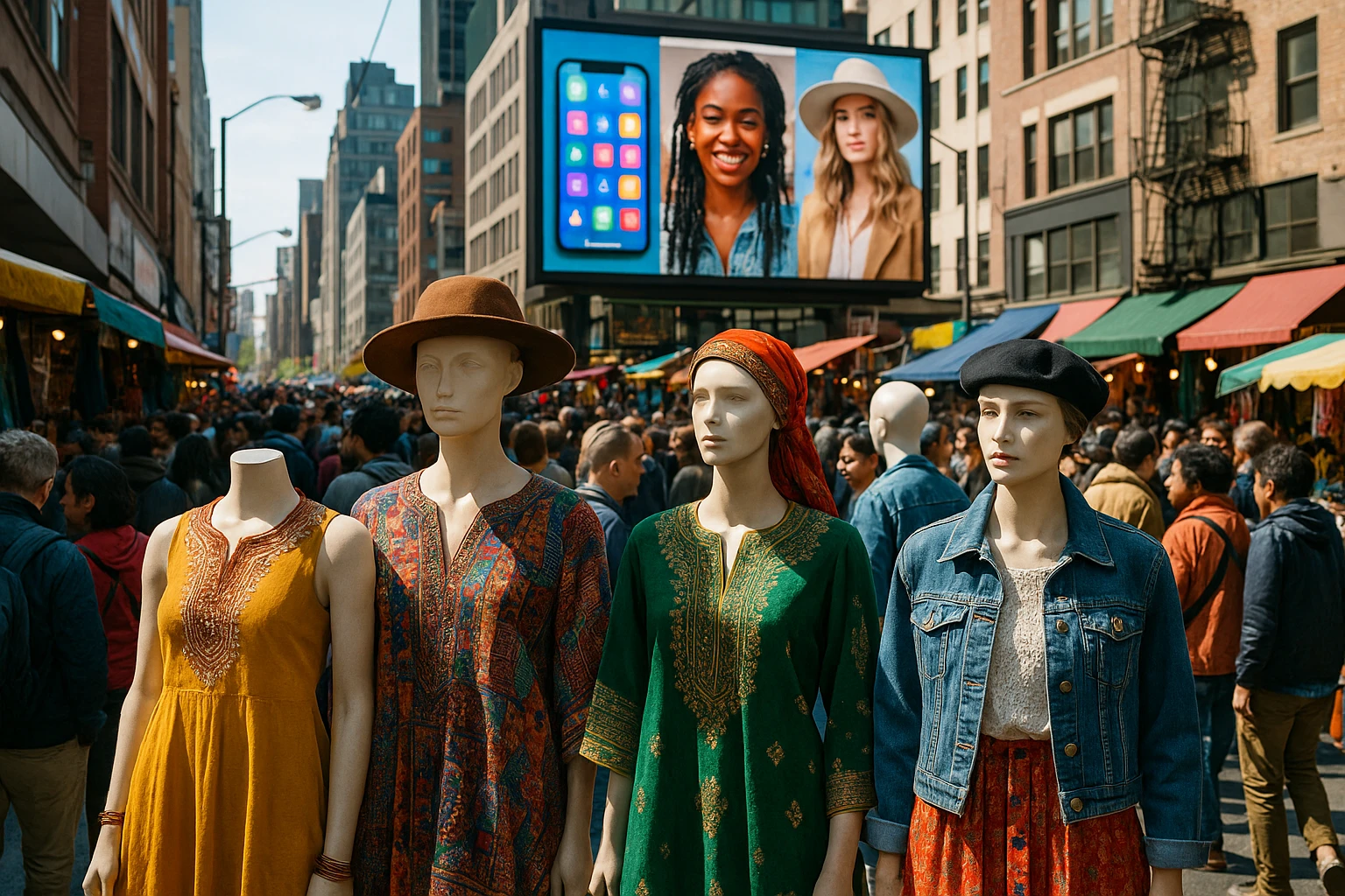 A vibrant street market scene bustling with a diverse crowd, where mannequins display eclectic fashion pieces from around the world, and a large digital billboard showcases trending fashion apps and influencers against a backdrop of urban architecture.