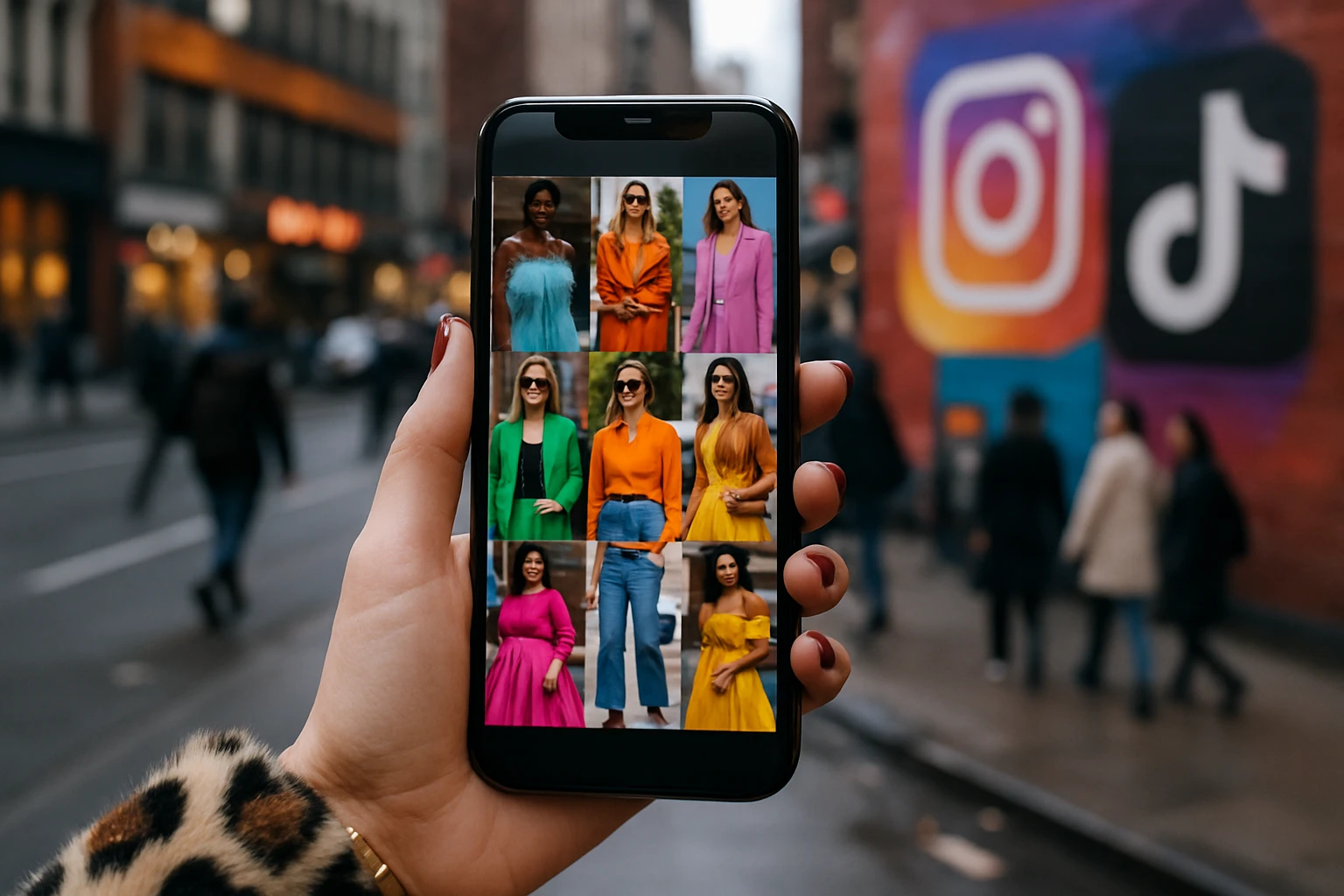 A fashionista's hand holding a smartphone displaying a colorful collage of global fashion trend images, with a bustling city street in the background featuring a mural of iconic fashion logos like Instagram and TikTok.