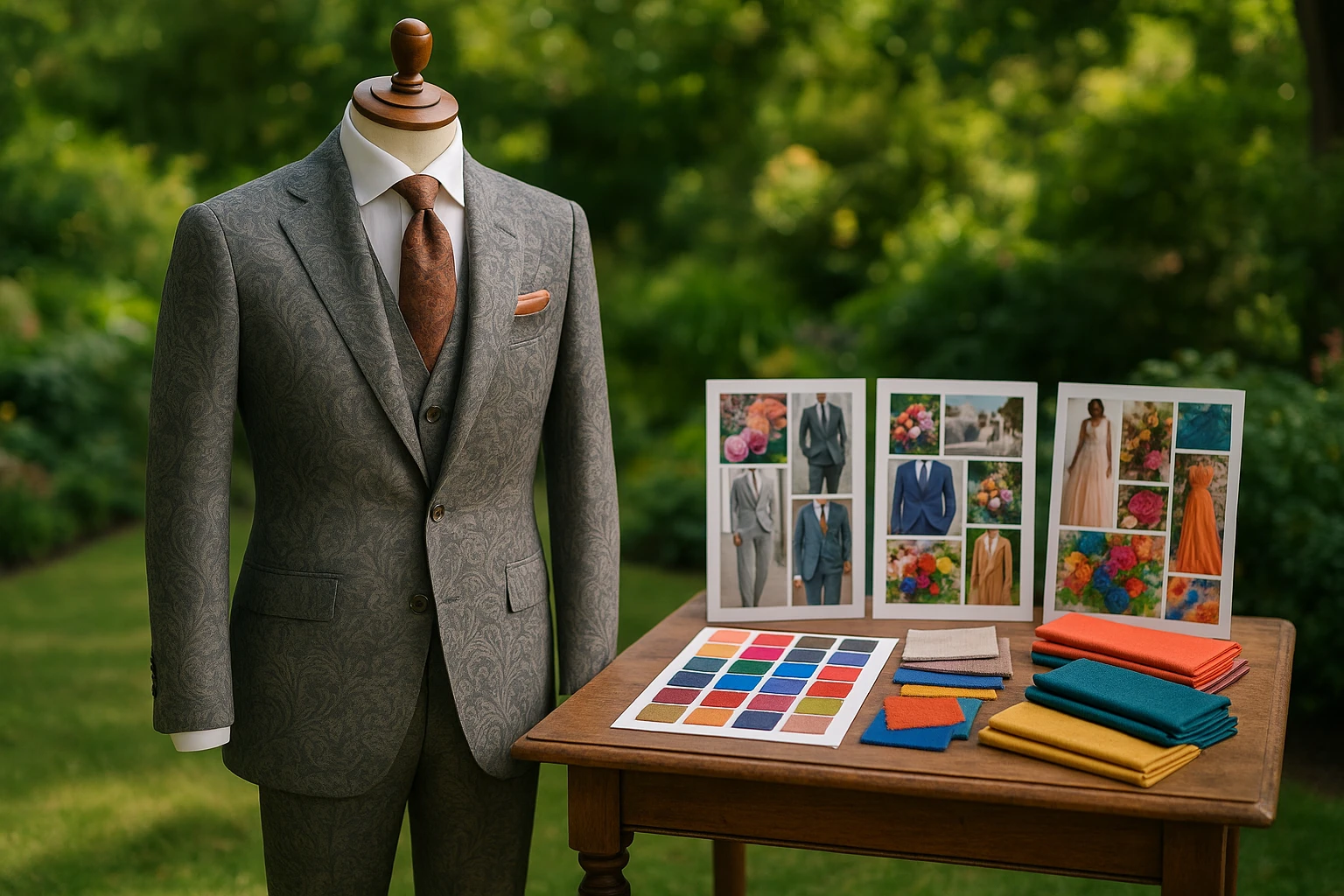 A well-dressed mannequin stands elegantly in a lush garden setting, adorned in a tailored suit with intricate fabric patterns. Nearby, mood boards and fabric swatches lie on a vintage wooden table, reflecting a blend of vibrant colors and textures suitable for diverse events.