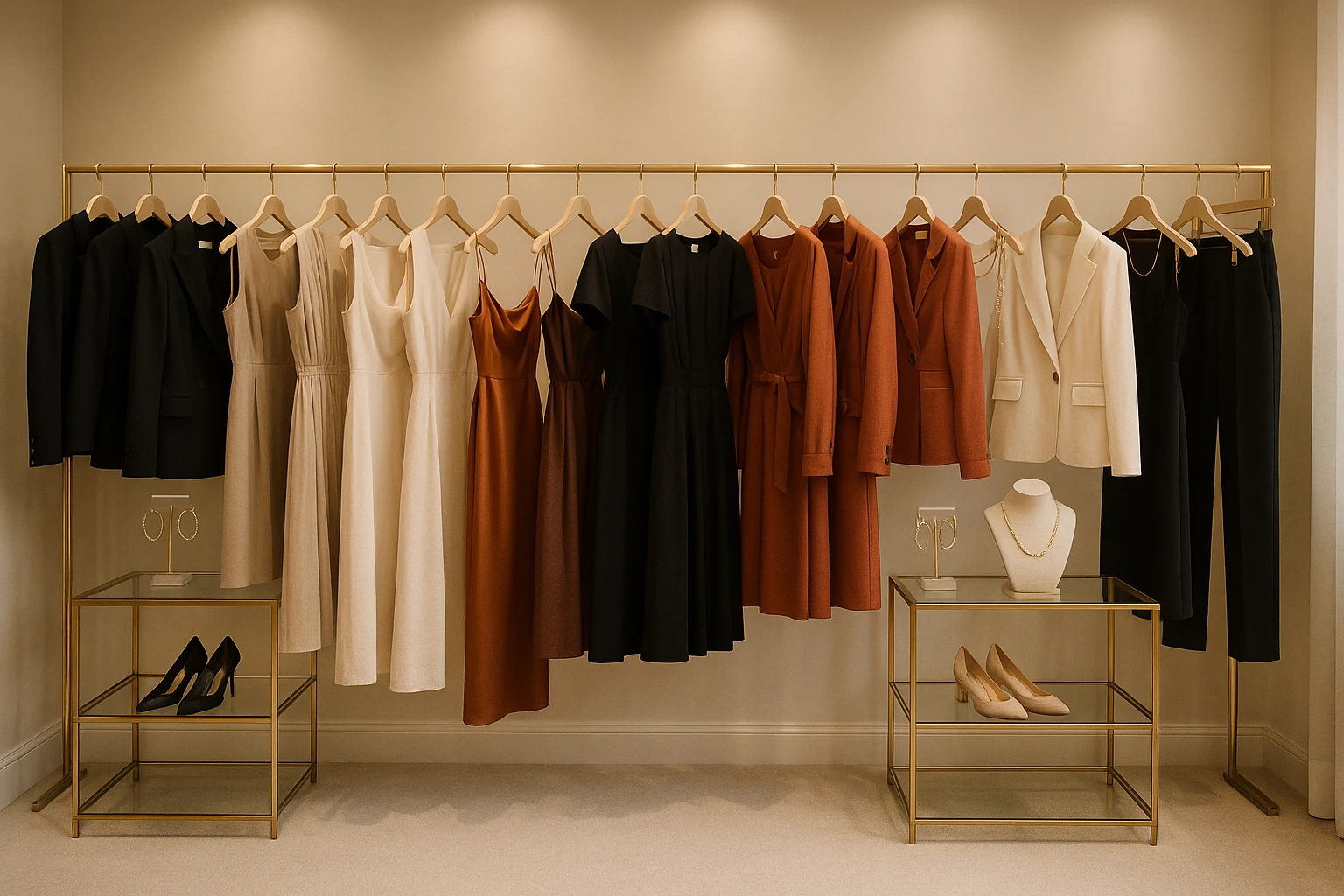 A chic clothing boutique interior with a curated display of diverse fashion outfits for various events hanging stylishly on golden racks, with accessory stands showcasing elegant jewelry and shoes on polished glass shelves, under soft, ambient lighting.