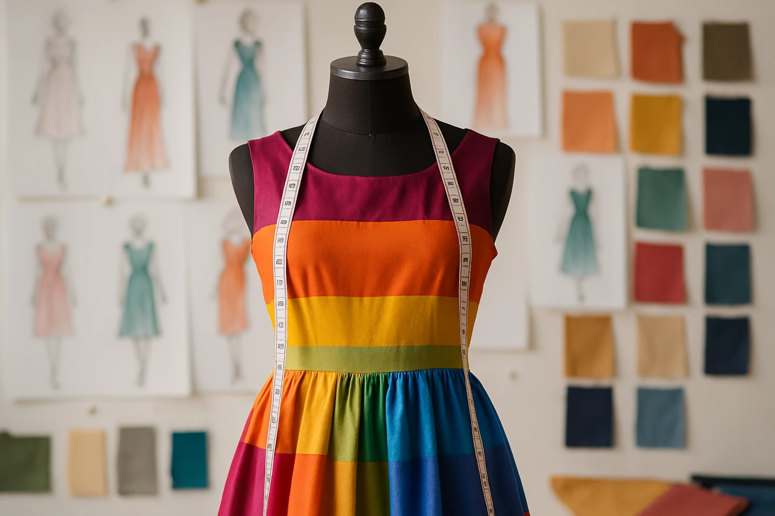 A colorful dress hanging on a mannequin with a measuring tape draped over the shoulders, set against a backdrop of fashion design sketches and fabric swatches.