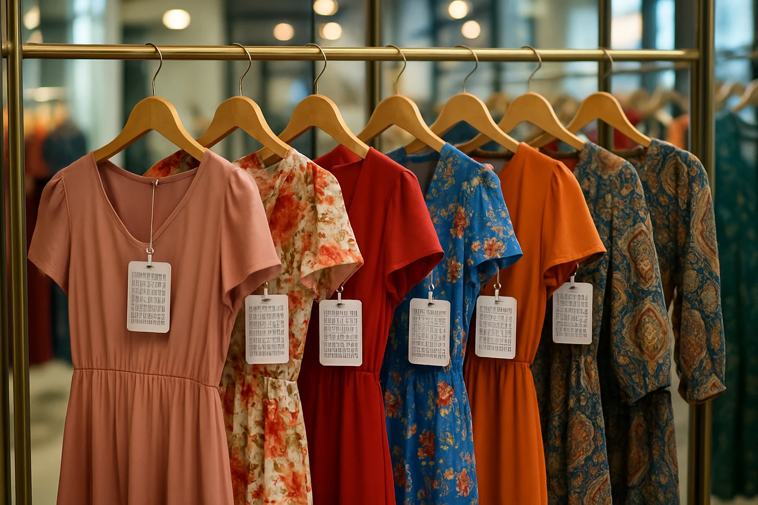 A row of dresses on hangers in a boutique, each with tags displaying detailed size charts, set against a wall of mirrors reflecting the vibrant colors and patterns.