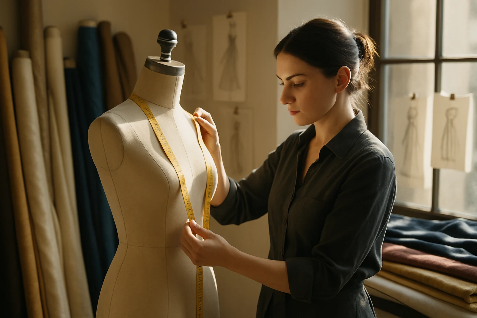 A skilled dressmaker carefully measuring a mannequin in a sunlit atelier, surrounded by rolls of luxurious fabric in various colors and textures, with elegant sketches pinned to a nearby inspiration board.