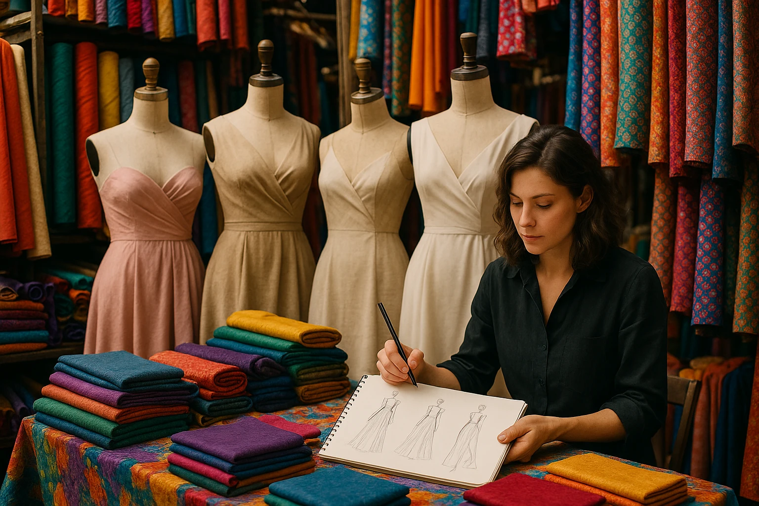 A bustling fabric market stall featuring an array of vibrant textiles, with a fashion designer sketching dress designs on a notepad, surrounded by mannequins dressed in various stages of elegant, custom-fitted garments.