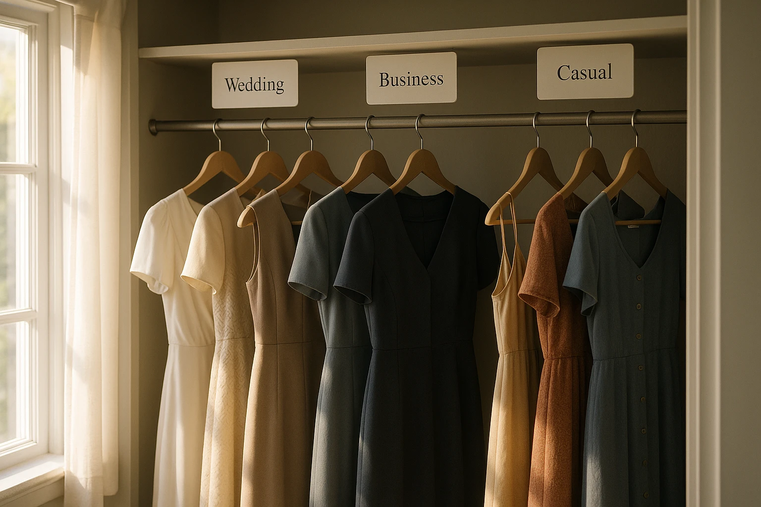 A neatly organized closet featuring a series of dresses hanging by occasion, with labels like 