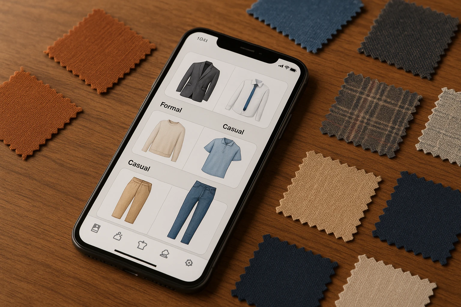 A smartphone on a wooden table displays the Smart Closet app interface, with virtual wardrobe graphics and categories like 