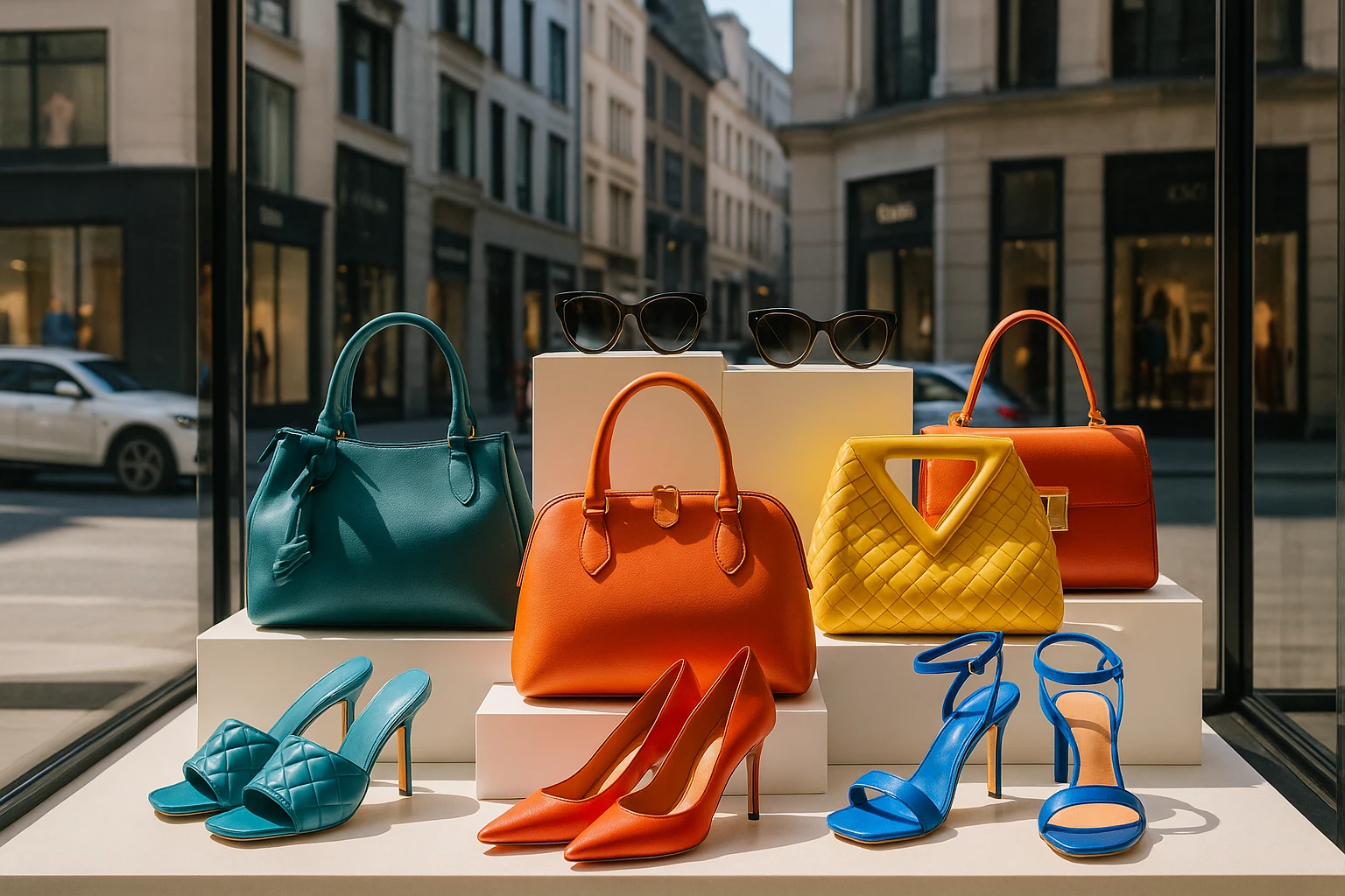 A colorful boutique window display featuring an eclectic mix of designer handbags, shoes, and sunglasses, set against a chic urban street backdrop with a variety of brand logos subtly visible.