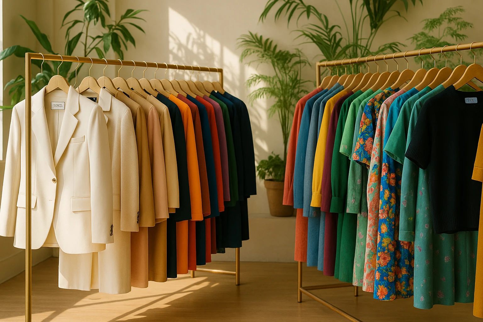 A curated display inside a sunlit boutique featuring an array of designer clothing on sleek wooden racks, with prominent tags highlighting names like Gucci and Prada alongside colorful pieces from emerging labels, framed by a backdrop of botanical decor.