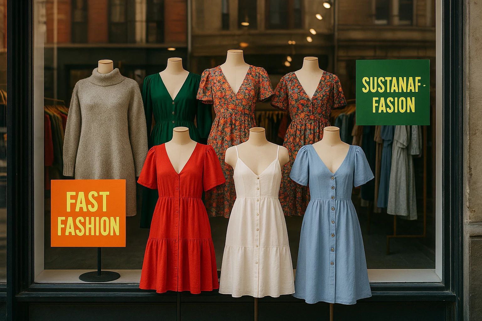 A vibrant boutique window display showcases an array of trendy dresses for all seasons, from cozy winter knits to breezy summer linens, with colorful signage highlighting both fast fashion and sustainable brands against an urban street backdrop.