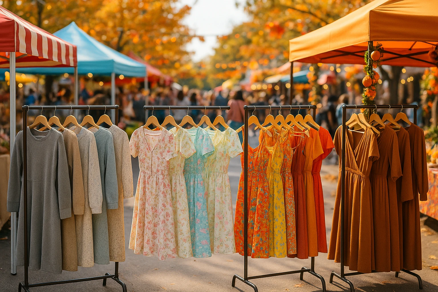 A colorful outdoor market scene with various stalls displaying trendy dresses arranged by season—soft woolen dresses for winter, light pastel florals for spring, vibrant sundresses for summer, and earthy-toned maxis for fall—set against a backdrop of bustling shoppers and vibrant seasonal decorations.