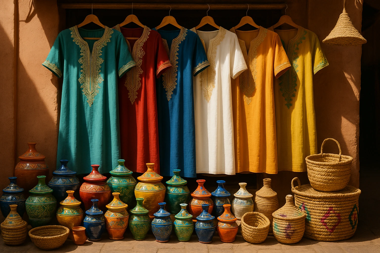 A sunlit market stall in Marrakech displaying vibrant, embroidered Moroccan dresses on hangers, surrounded by colorful ceramic pots and woven baskets, showcasing the artisan craftsmanship.
