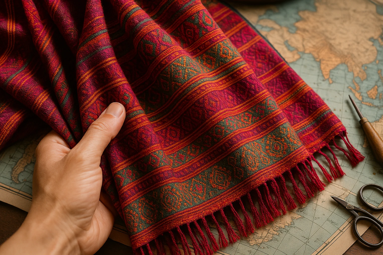 A close-up of a hand examining a vibrant, handwoven scarf from India, highlighted by intricate patterns and rich colors, displayed against a backdrop of global fashion maps and small artisan tools, emphasizing authenticity and craftsmanship.