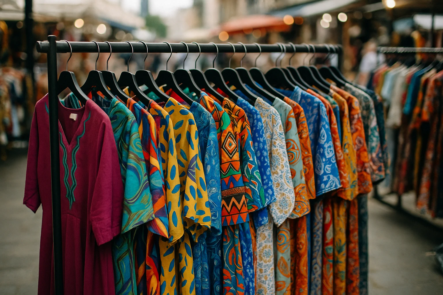A rack of colorful, cutting-edge designer clothing on display in a bustling outdoor fashion market, with vibrant fabrics and unique patterns highlighting global style influences.