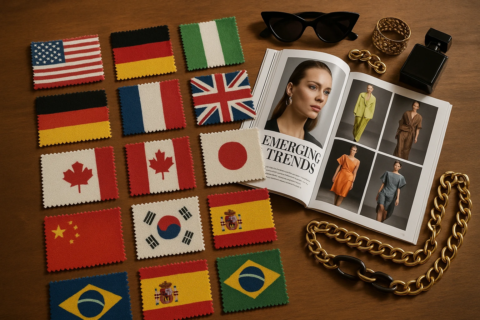 A table covered with fabric swatches, each labeled with a different country's flag, alongside open fashion magazines featuring bold headlines like 