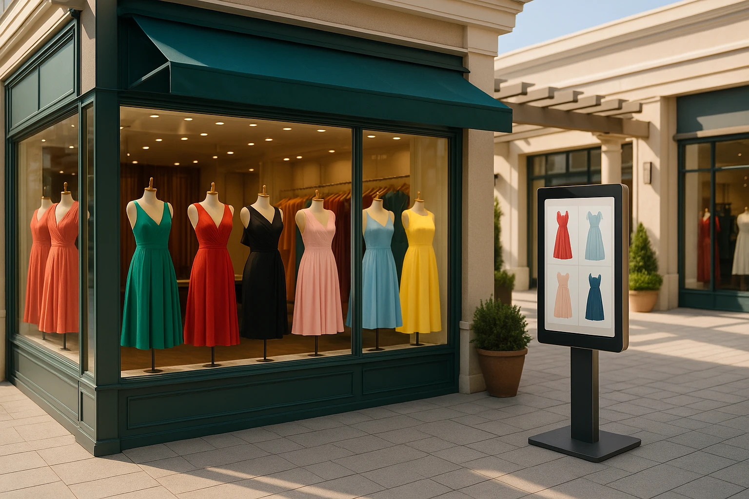A vibrant boutique storefront with elegantly displayed dresses in varied styles and colors, alongside a sleek interactive digital kiosk where customers can explore custom options, set in a chic, open-air shopping plaza.