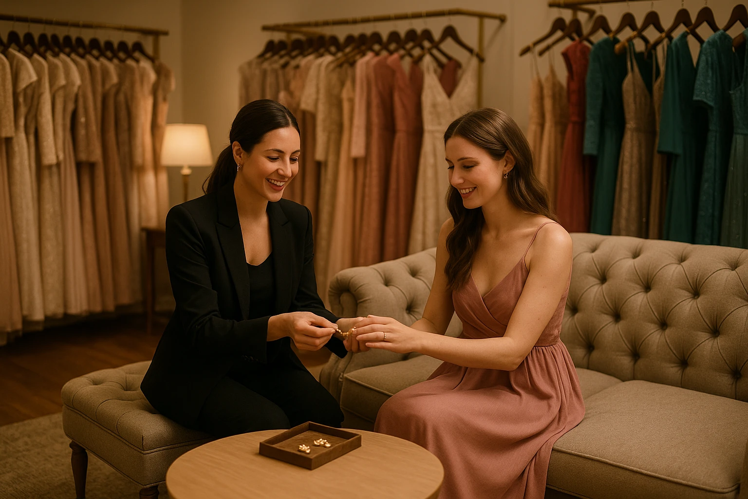 A cozy boutique interior with a plush seating area surrounded by an array of dress options on elegantly arranged racks, featuring a friendly staff member helping a customer choose accessories that match their selected dress, under soft ambient lighting.