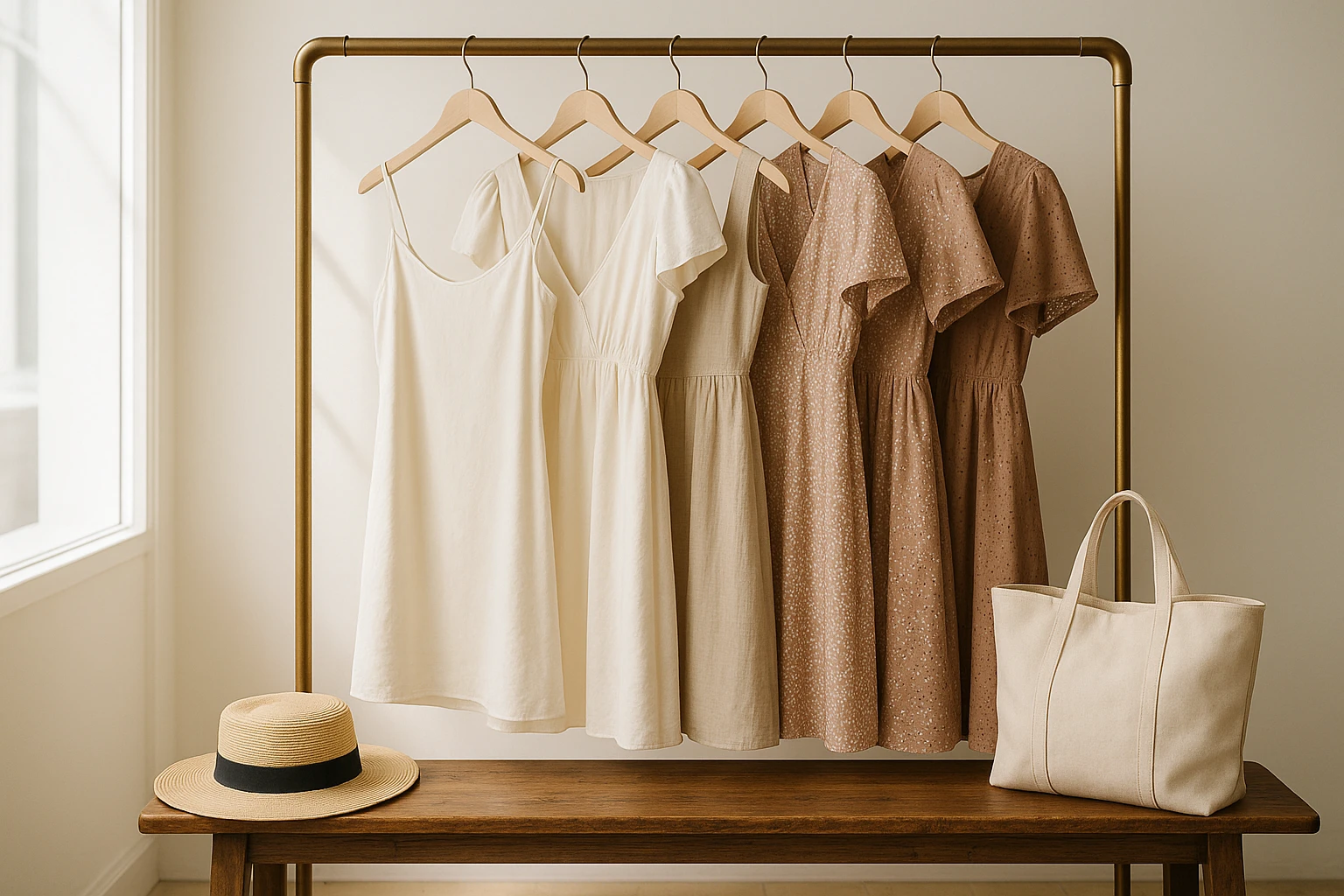 A selection of dresses hangs elegantly on a clothes rack in a well-lit boutique, showcasing various styles and fabrics, with a stylish hat and tote bag placed nearby on a wooden bench.
