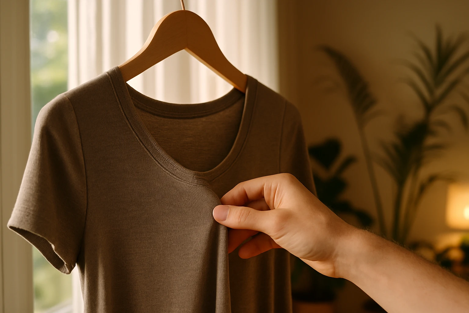 A close-up of a hand feeling the texture of a jersey dress hanging on a wooden hanger near a sunlit window, with a backdrop of elegant indoor plants and soft ambient lighting.