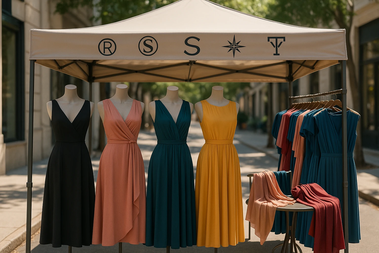 A chic outdoor boutique stall displaying an array of elegant dresses, with vibrant fabrics draped appealingly over sleek mannequins, under a stylish canopy featuring brand logos known for personalized fashion recommendations.