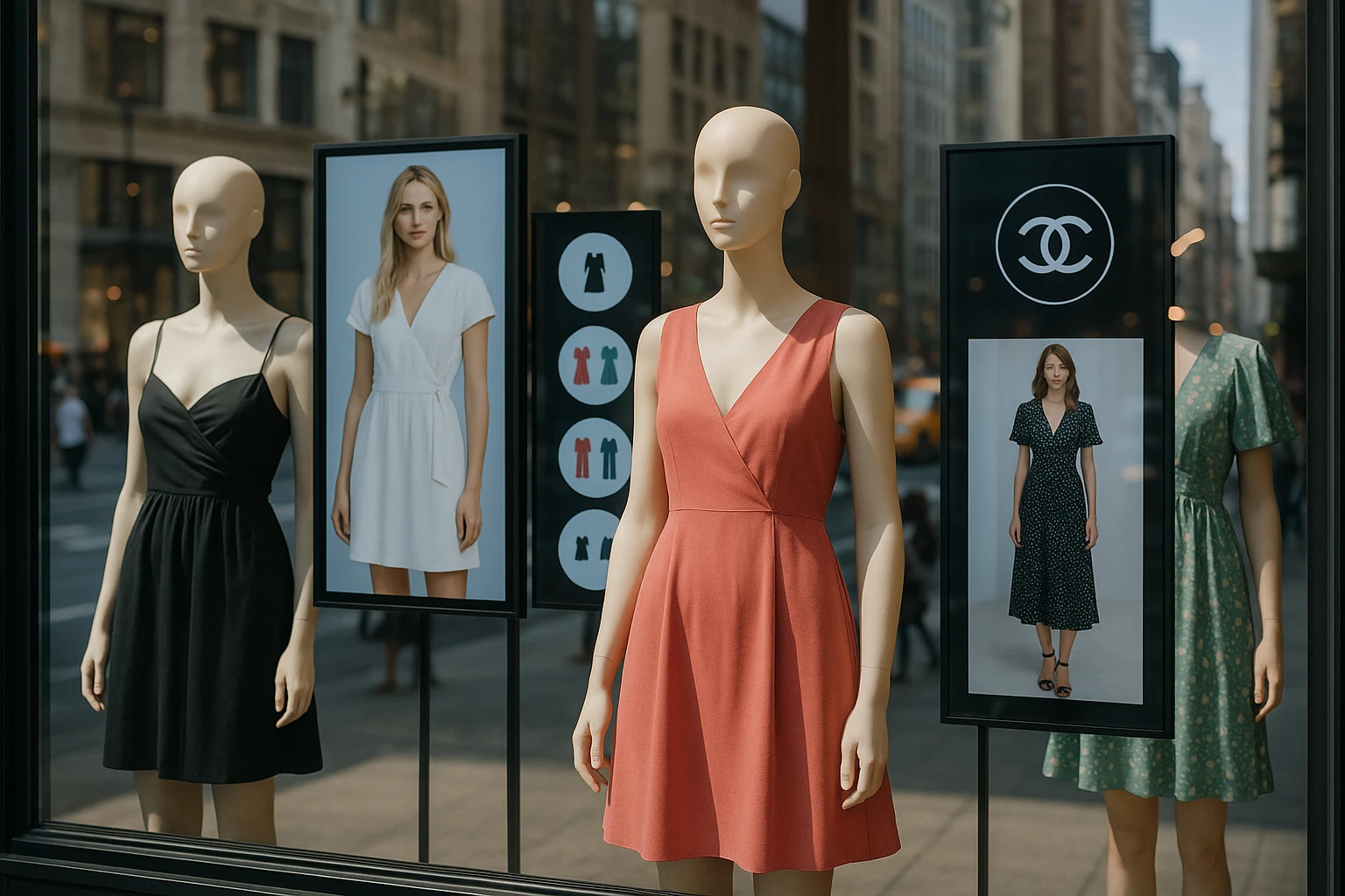 A stylish storefront window featuring mannequins dressed in trendy dresses, with digital screens displaying personalized recommendation algorithms and fashion brand logos, set against a bustling city street backdrop.
