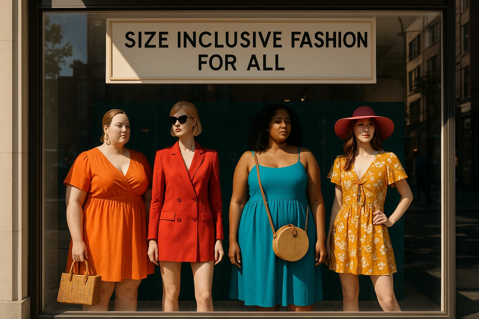 A vibrant boutique window display featuring mannequins of various body sizes dressed in colorful, fashionable outfits, with a sign above reading 