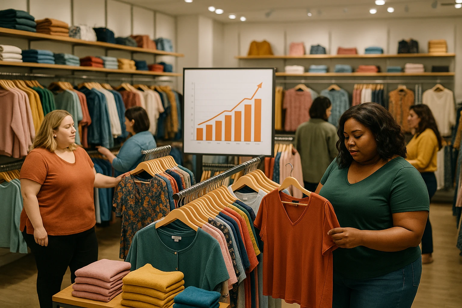 A bustling retail store interior with shelves showcasing an array of size-inclusive clothing, featuring a variety of garments in different colors and patterns. Shoppers are examining different pieces, while a prominent display stands in the center with a graph showing the growth of the plus-size market.