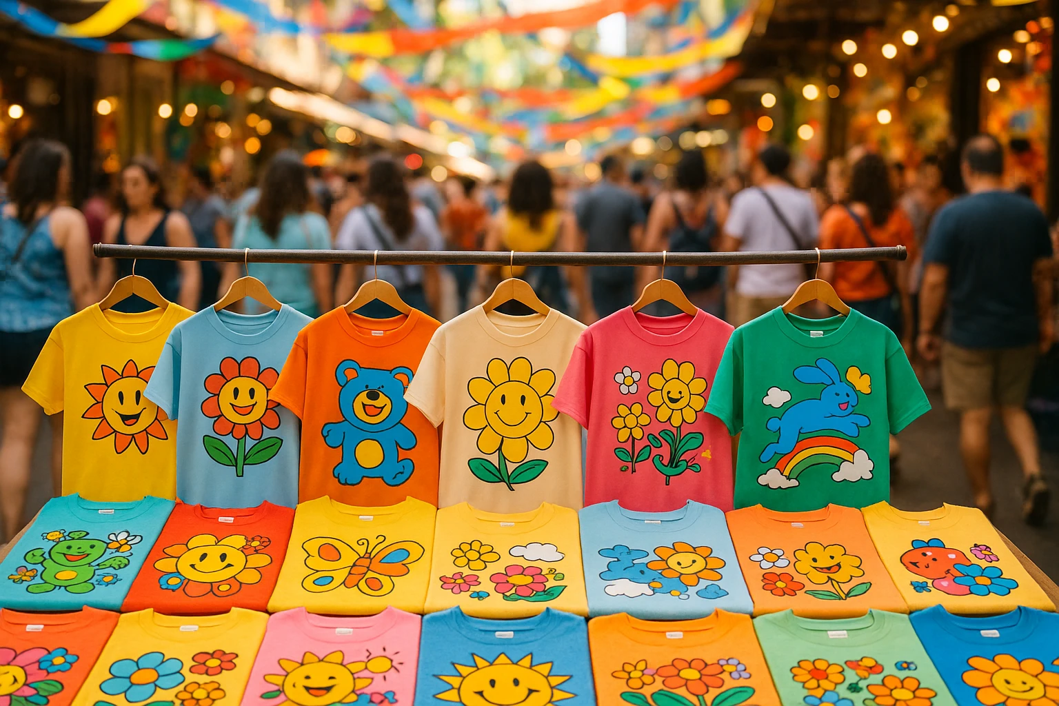 A vibrant marketplace stall brimming with joyful graphic shirts, each featuring colorful cartoon illustrations and uplifting slogans, set against a lively background of bustling shoppers and vivid streamers.
