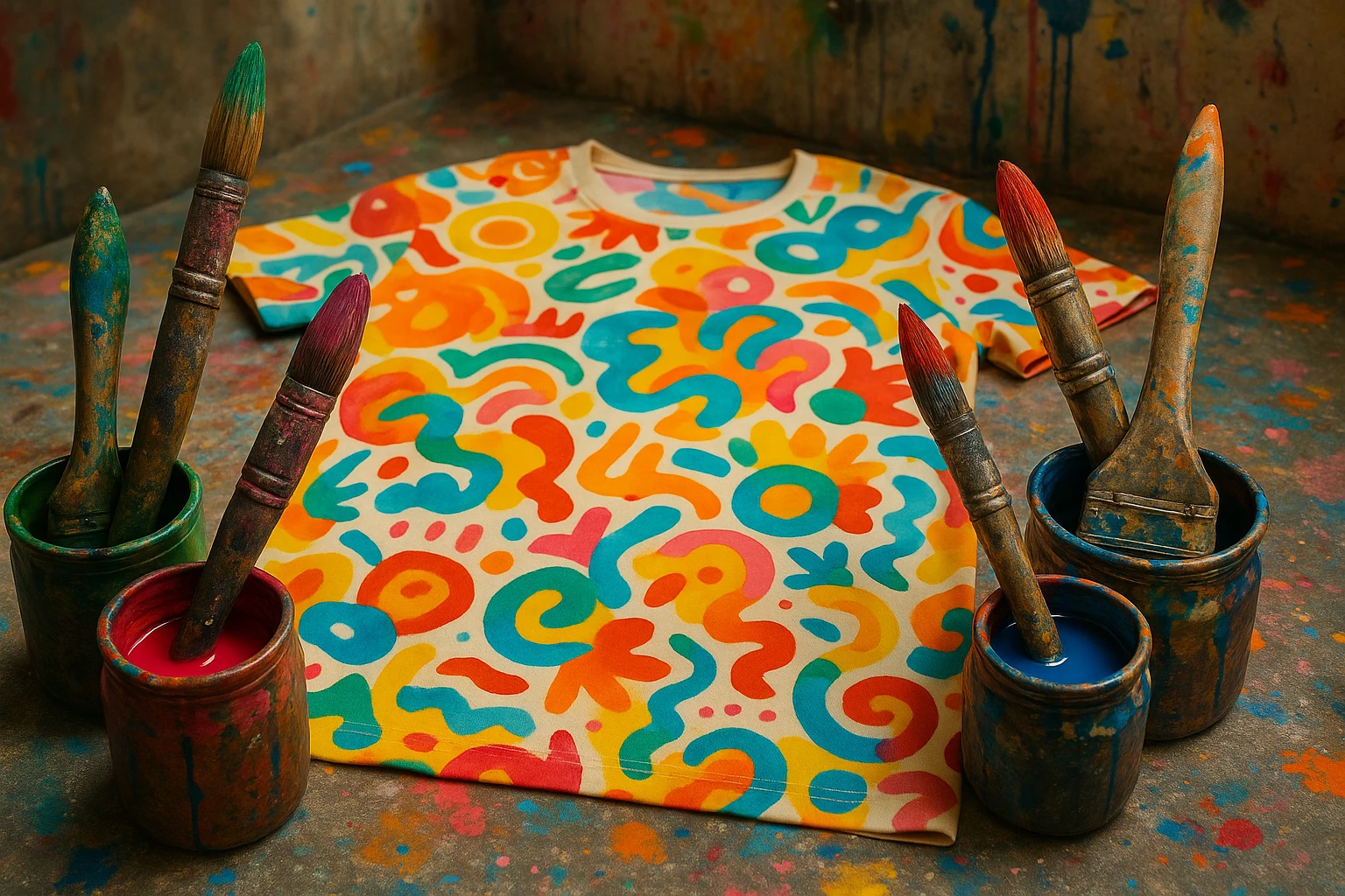 A close-up of paintbrushes dipped in vibrant inks and paints, scattered around a joyful graphic shirt filled with bright abstract patterns and motivational quotes, set against an artistic studio backdrop with splatters of color on the walls and floor.