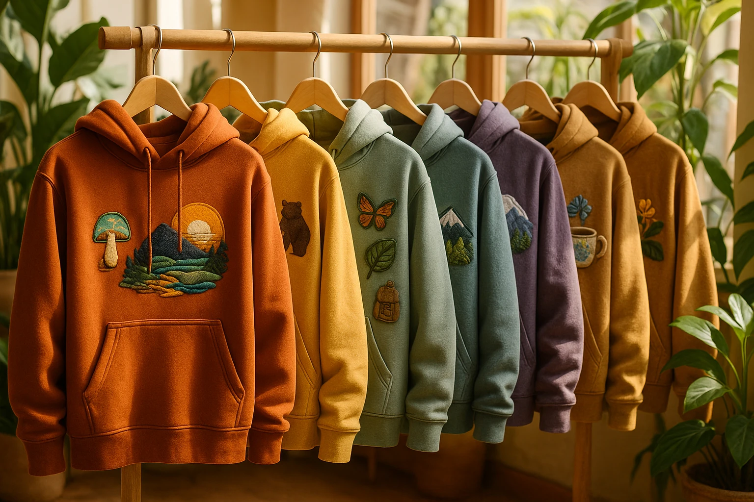 A vibrant display of custom cozy hoodies hanging on a wooden rack in a sunlit boutique, each hoodie showcasing unique embroidered designs and patches that reflect personal stories and interests, surrounded by lush green plants.