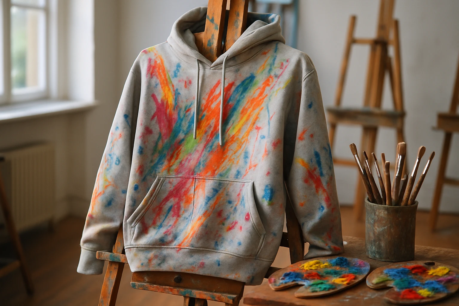 A cozy hoodie draped over an artist's easel in a bright studio, splattered with vibrant paint streaks, surrounded by brushes and colorful palettes, embodying the fusion of fashion and artistic creativity.