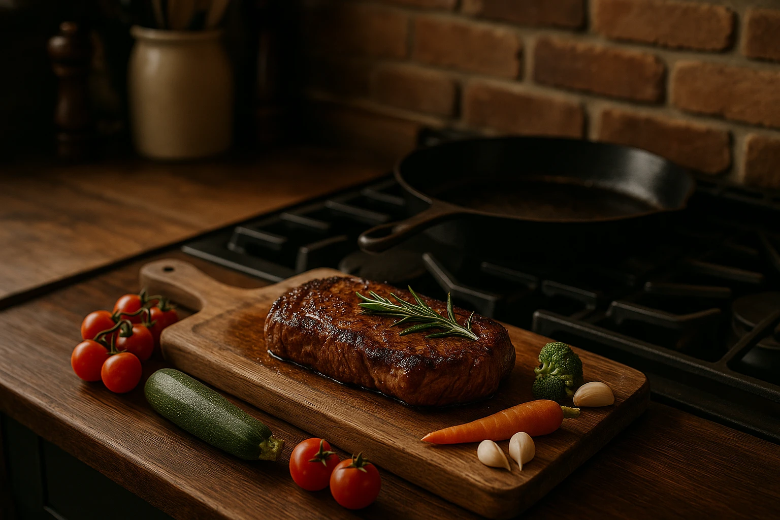 A cozy kitchen scene with a rustic wooden cutting board displaying a sizzling steak, garnished with fresh rosemary and surrounded by colorful vegetables, while a cast iron skillet is cooling on the stove nearby.
