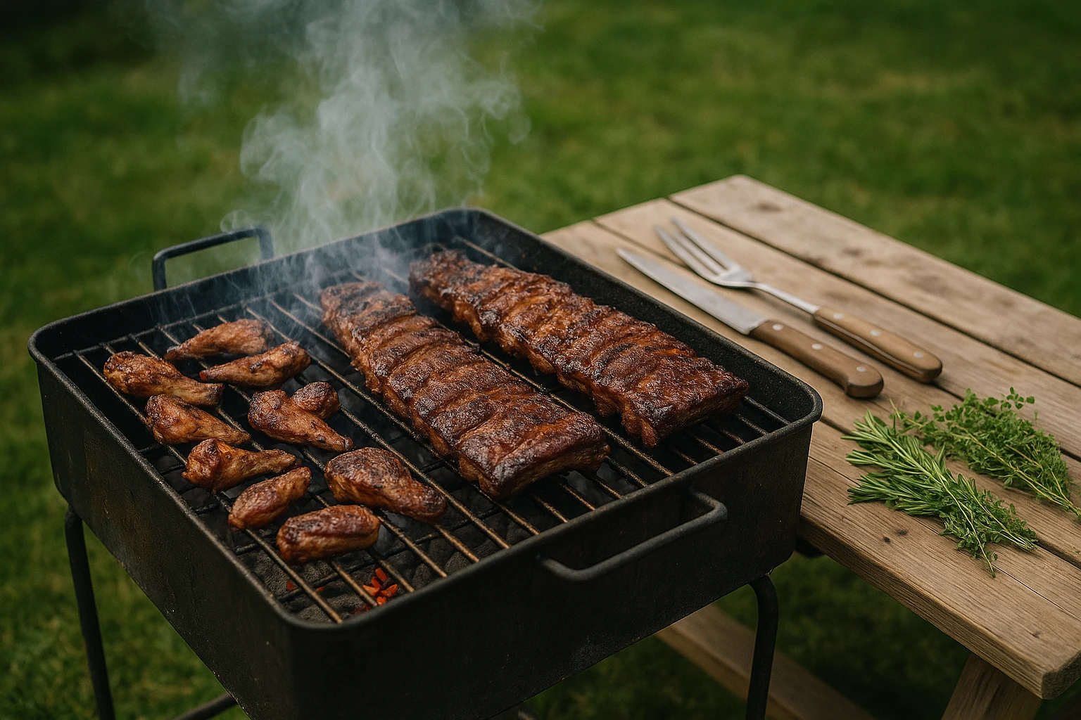 A rustic outdoor barbecue scene with a metal grill smoking gently, featuring a variety of meat cuts like ribs and chicken wings, placed on a grill grate over glowing coals, with utensils and fresh herbs on a nearby wooden picnic table.