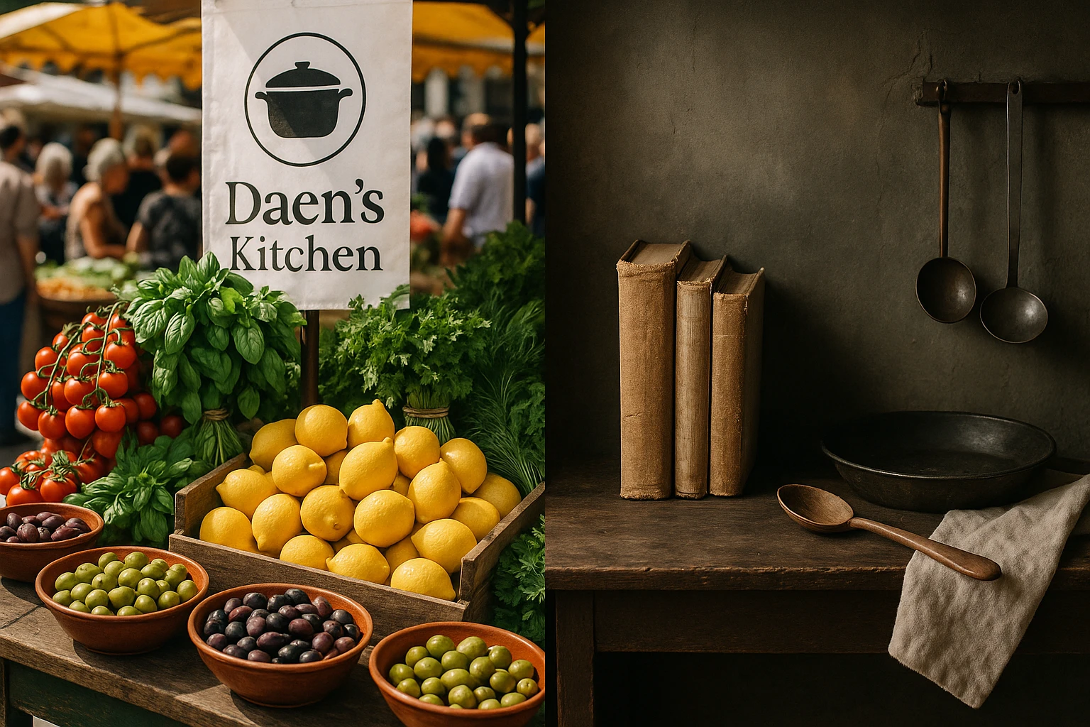 A bustling outdoor market stall with colorful Mediterranean produce like lemons, olives, and fresh herbs, alongside a small banner displaying the Daen’s Kitchen logo, contrasting with a quiet, rustic kitchen setting featuring aged cookbooks and simple utensils representing Worth Cooking.