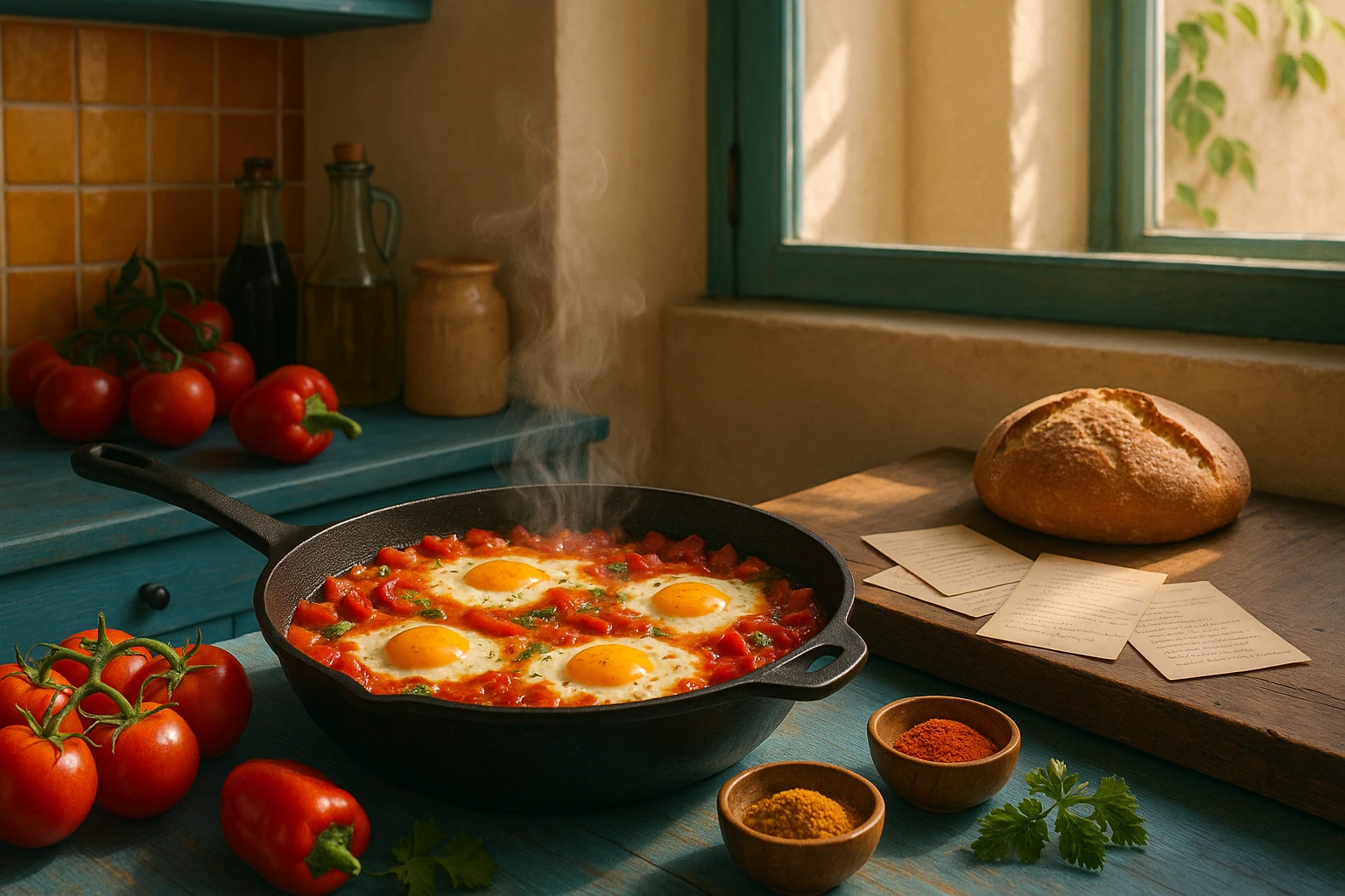 A vibrant Mediterranean kitchen with a steaming pot of shakshuka surrounded by fresh ingredients like tomatoes, peppers, and spices, contrasted with a cozy nook featuring a collection of handwritten recipe cards and a simple, rustic loaf of homemade bread symbolizing Worth Cooking.