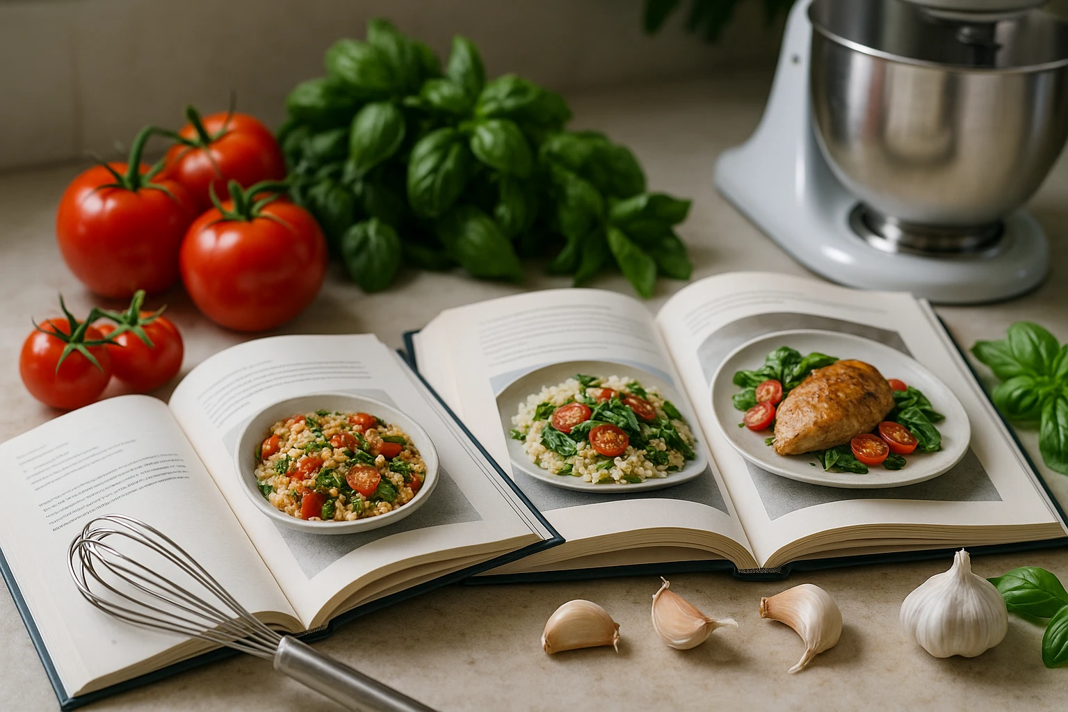 A vibrant kitchen scene with two distinct cookbooks open on a countertop, one titled