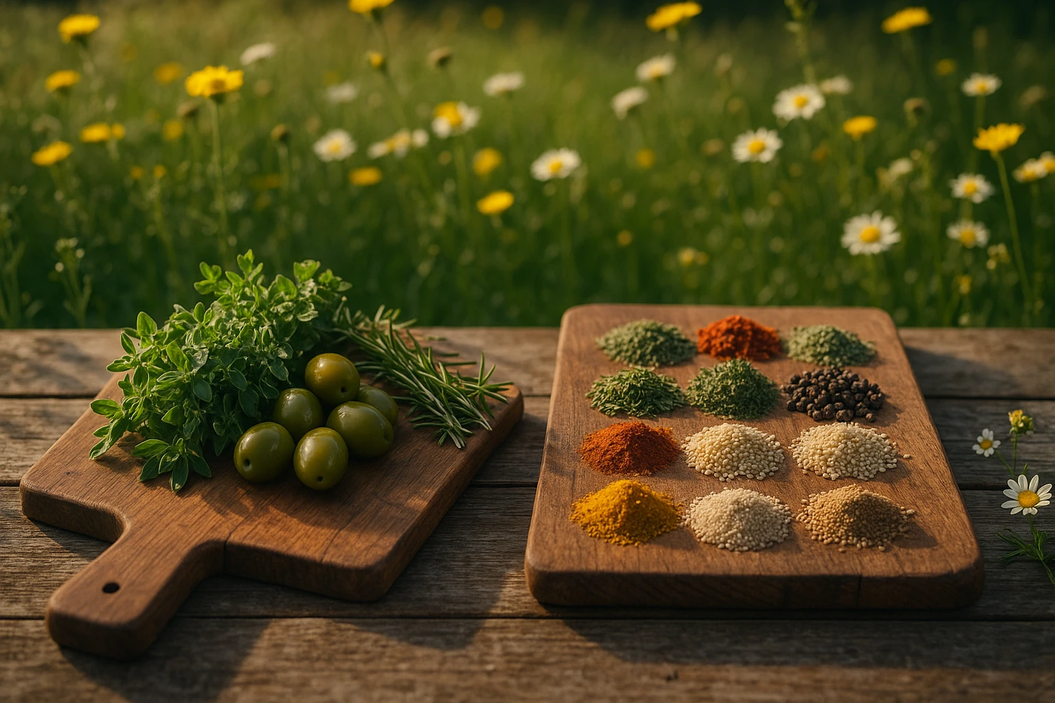 A rustic wooden table set outdoors with two cutting boards: one displaying Greek herbs and olives representing Foodzesty, and the other showcasing diverse spices and grains for Worth Cooking, surrounded by wildflowers under a sunlit sky.