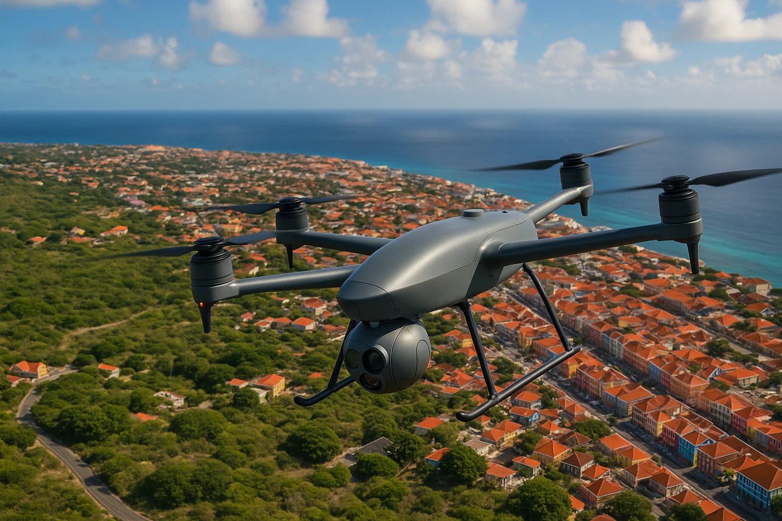 Aerial view of Curaçao showing a sleek, modern surveillance drone hovering over lush landscapes and vibrant city streets, capturing discreet footage with advanced imaging equipment.