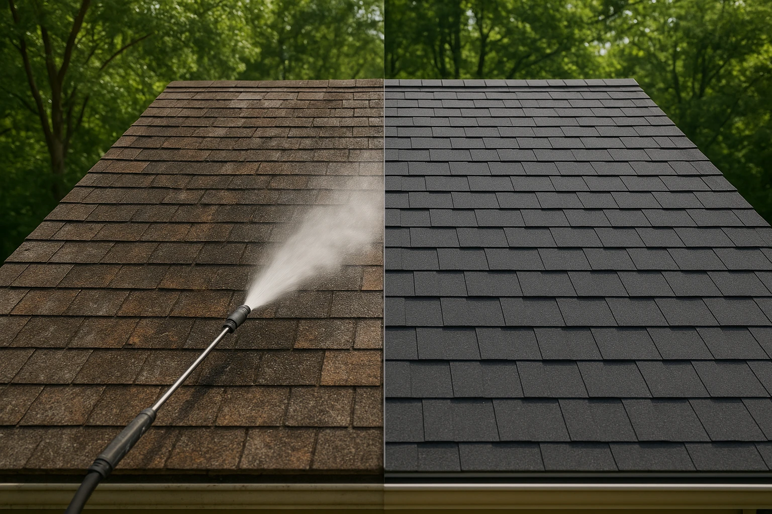 A split-image showing a weathered, old roof on one side being sprayed with rejuvenation treatment, while the other side features a pristine, newly installed roof with clean shingles, surrounded by lush greenery.