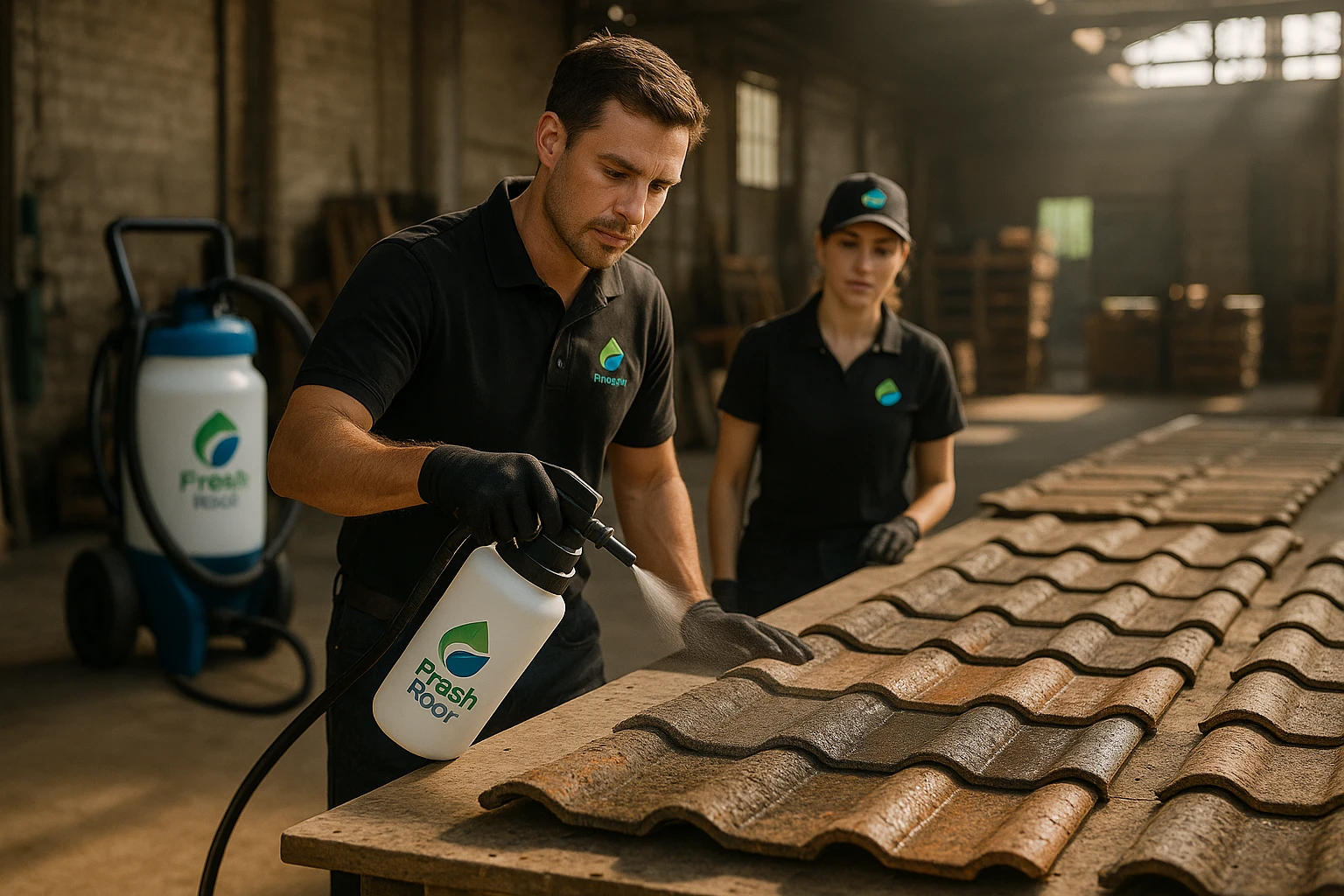 In a sunlit warehouse, workers are carefully applying a rejuvenating spray to a row of old, weathered roof tiles laid out on a workbench, with Fresh Roof's branded equipment and materials prominently displayed in the background, underscoring their innovative technology and sustainable practices.