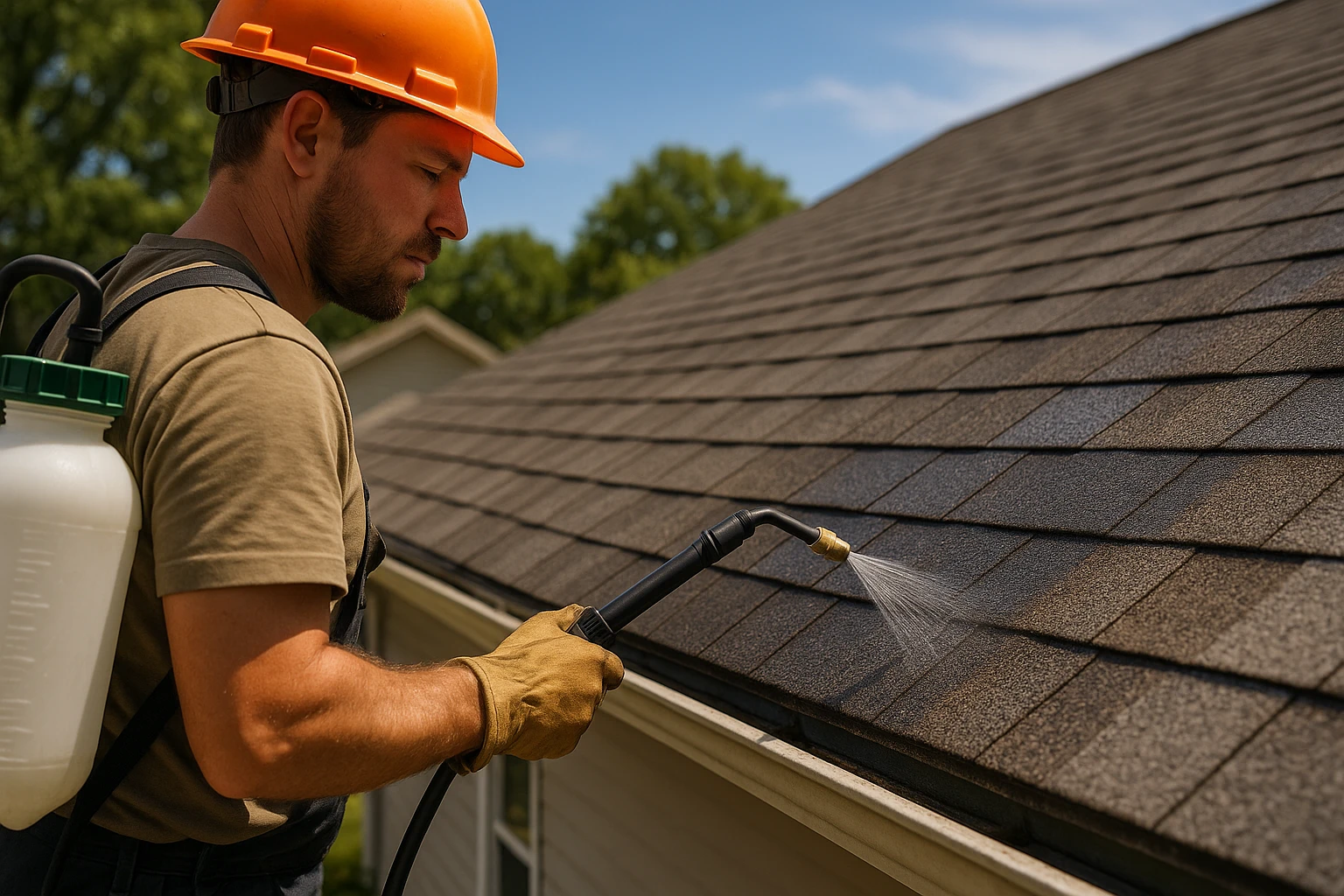 A close-up of a construction worker applying the soy-based Roof Shield Fresh Roof treatment to aging asphalt shingles, set against a backdrop of a suburban home's roof on a sunny day, illustrating the eco-friendly rejuvenation process.